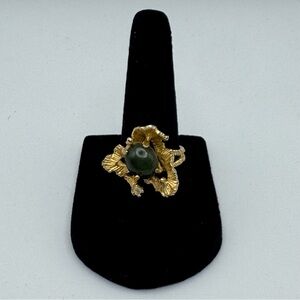 Vintage Brutalist Style 18K HGE Green Cabochon Statement Ring Size 7